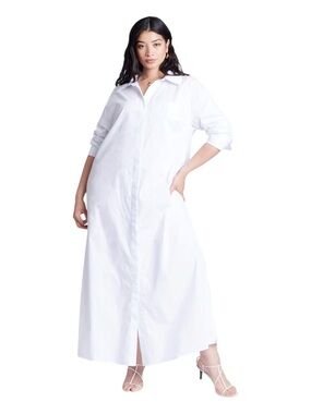White Button-Front Maxi Shirt Dress 100% Cotton